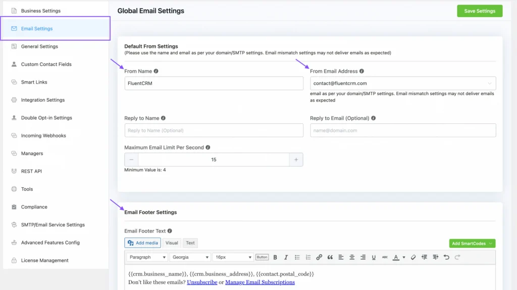 global email settings in fluentcrm